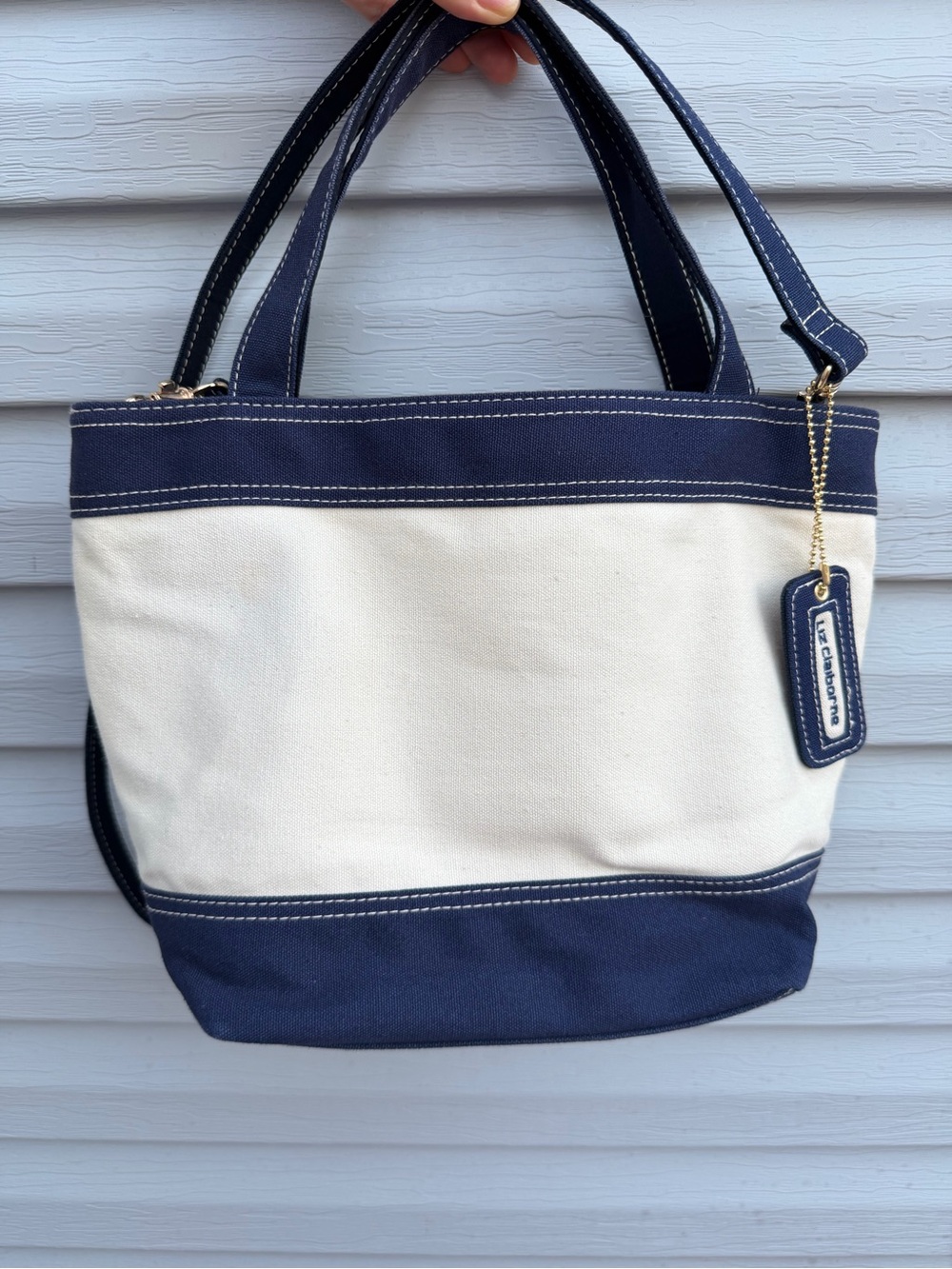 Rare Vintage 90s Y2K Liz Claiborne Canvas Tote Crossbody Bag Navy Ivory